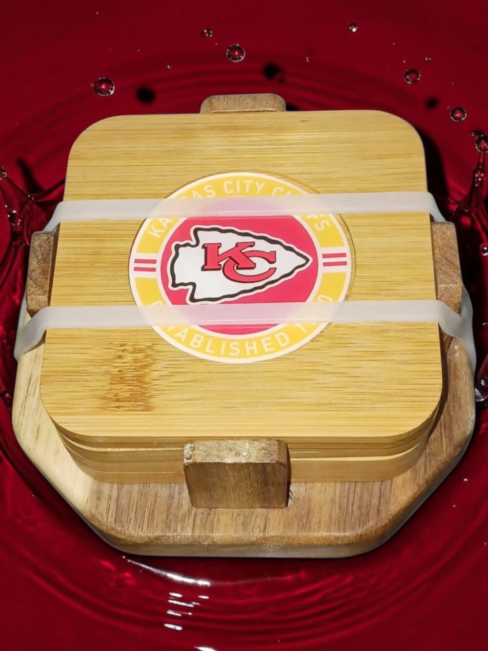 Kansas City Chiefs Wood Inlay Coaster Set with Holder NFL Like New